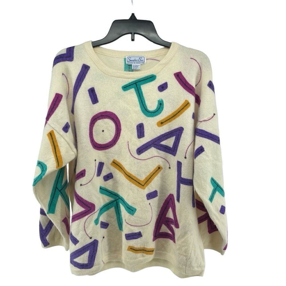 Vintage Sweater Bee Women’s Lambs Wool Geometric Shape Pullover Sweater L/XL